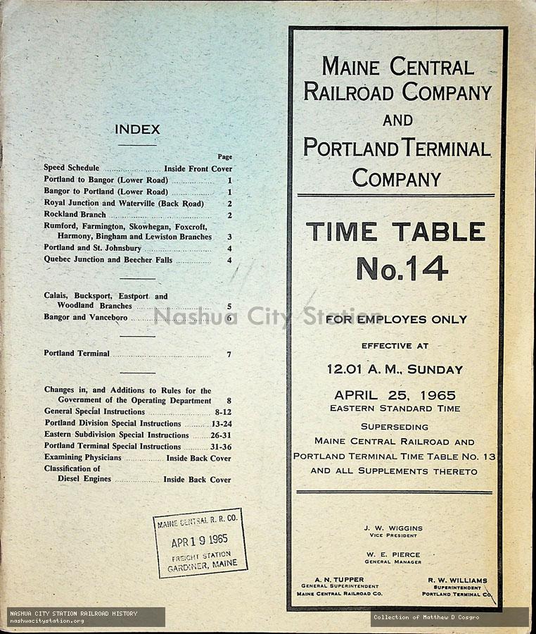 Employee Timetable: Maine Central Railroad Company and Portland Terminal Company - Time Table No. 14